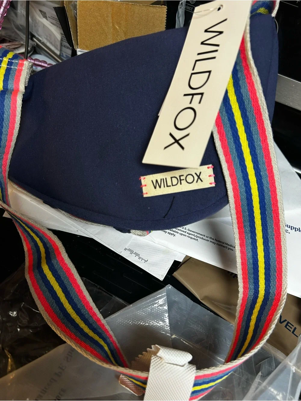 Wildfox Navy Heart Crossbody Bag with Multicolor Stripe Strap
